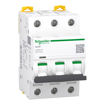 Schneider Electric A9F74302 Acti9 iC60N Miniature Circuit Breaker, 3P, 2A, C Curve, 6000A - Pack of 4