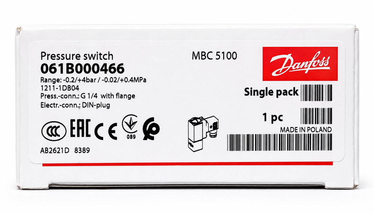 Danfoss 061B000466 MBC 5100 Pressure Switch, -0.20–4.00 bar, LP Bellows