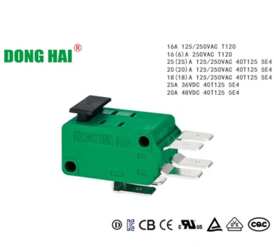 DONGHAI KW3-0Z-B119013L-2-F Micro Switch - 16A SPDT Green Housing - Perspective Detail View