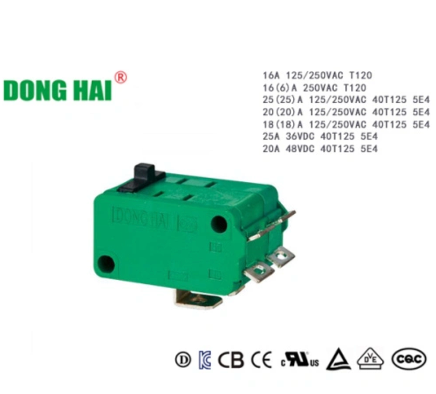 DONG HAI KW3-0Z-B1A7013L-2-SH Micro Switch - SPDT 16A 250VAC - Isometric View showing Green Housing and Bend Terminals