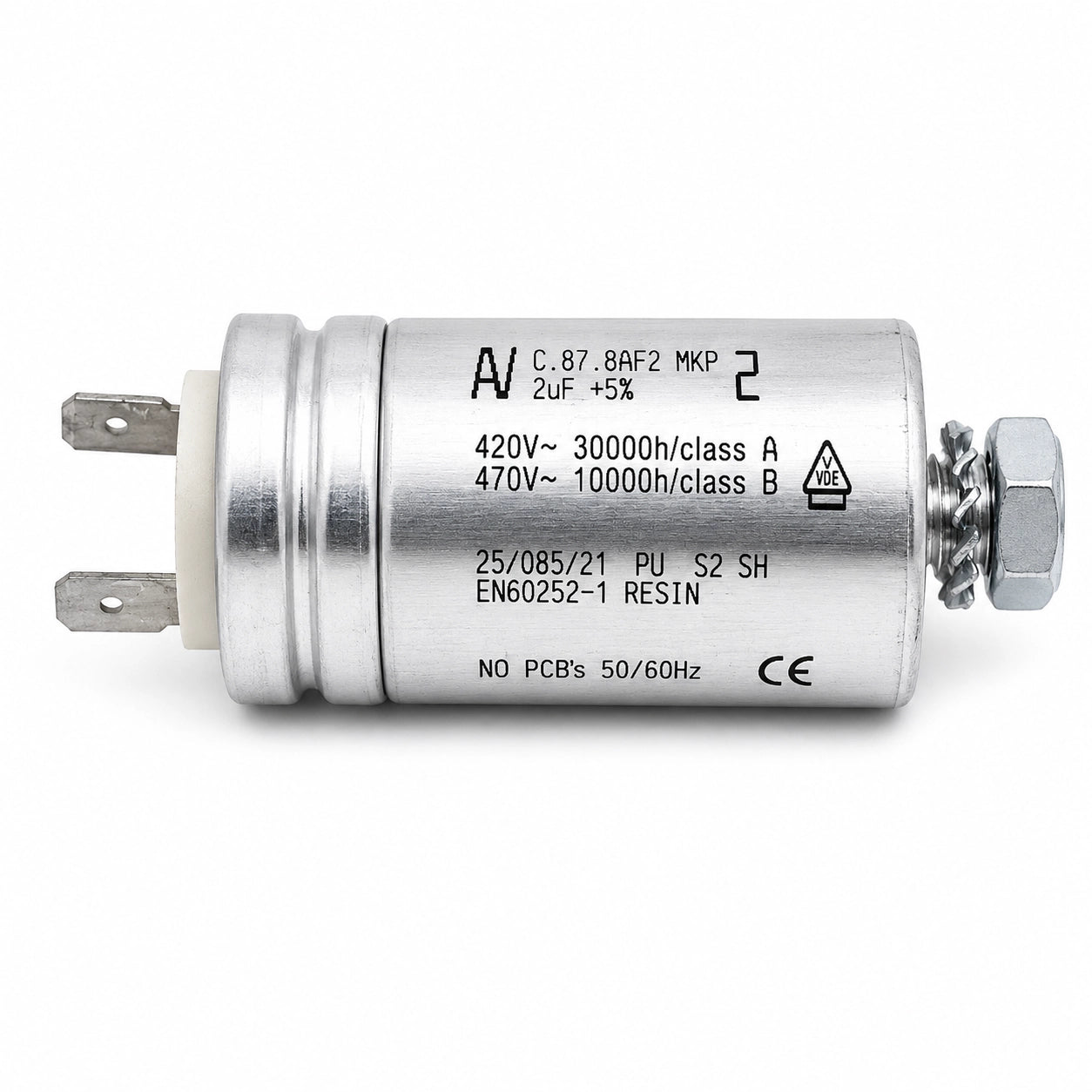AV C.87.8AF2 MKP AC Capacitor - 2uF ±5% 420-470V AC - Label Close-up