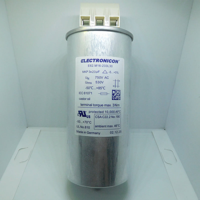 Electronicon E62.M16-233L30 3-phase MKP AC capacitor 3x23µF 750V - Front View