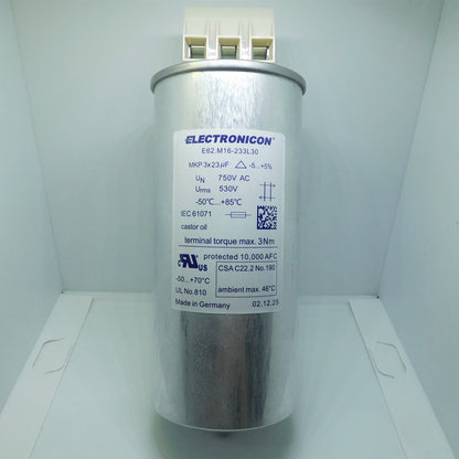 Electronicon E62.M16-233L30 3-phase MKP AC capacitor 3x23µF 750V - Front View