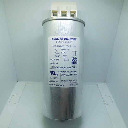 Electronicon E62.M16-233L30 3-phase MKP AC capacitor 3x23µF 750V - Front View