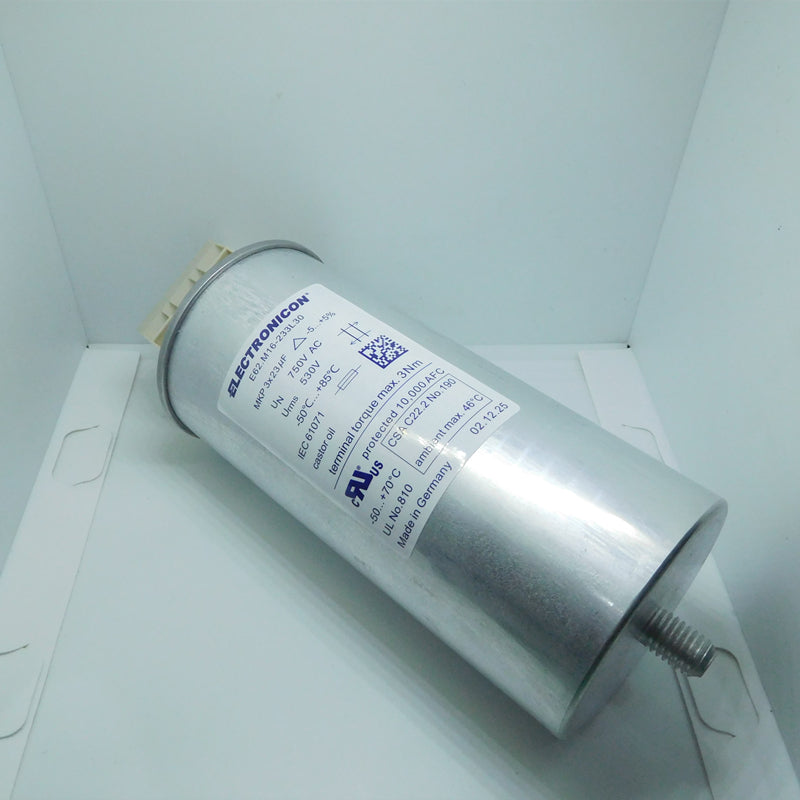 Electronicon E62.M16-233L30 capacitor nameplate 3x23µF 750V - Label Close-up