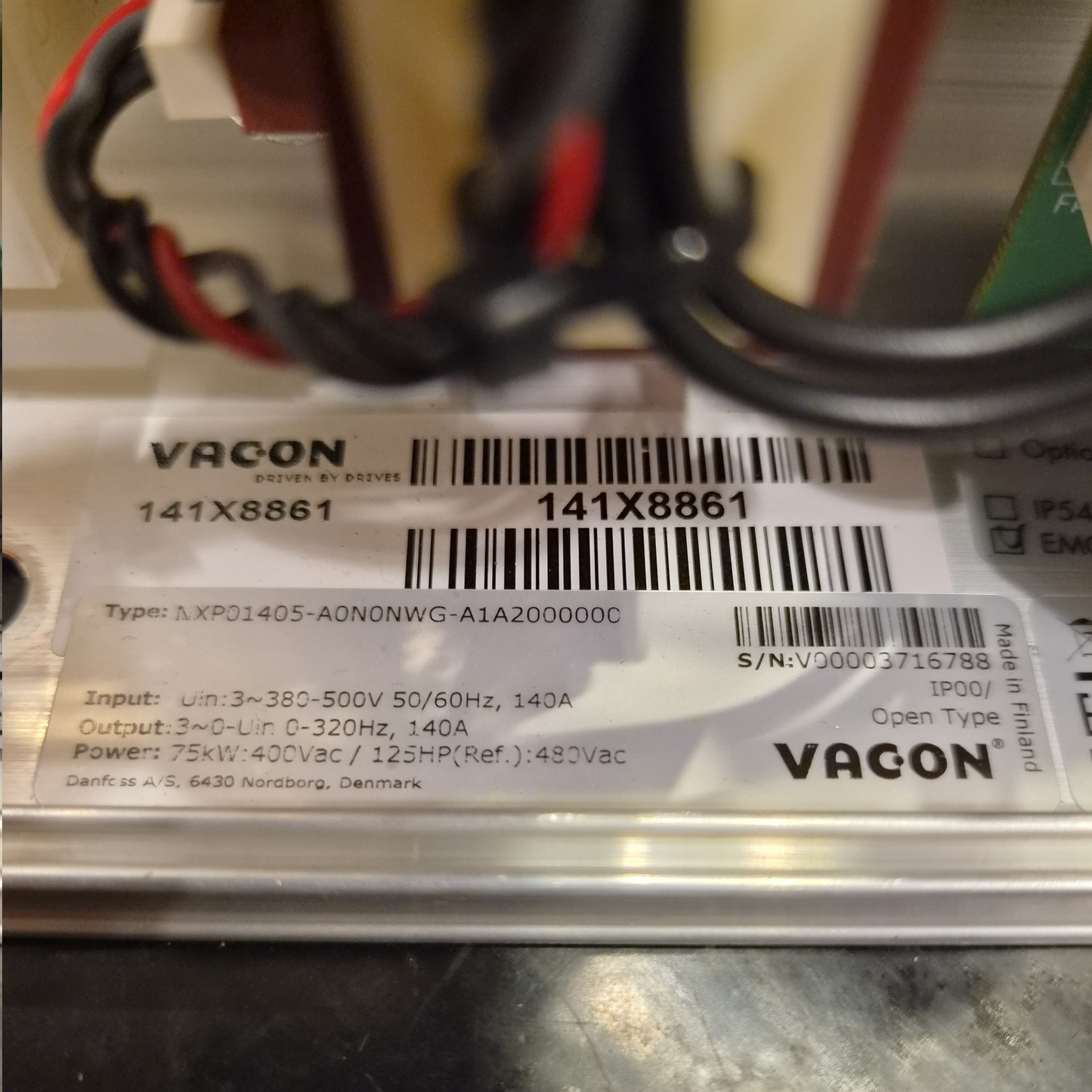 Vacon NXP01405-A0N0NWG-A1A2000000 Variable Frequency Drive - 75kW 140A Technical Specifications - Label View