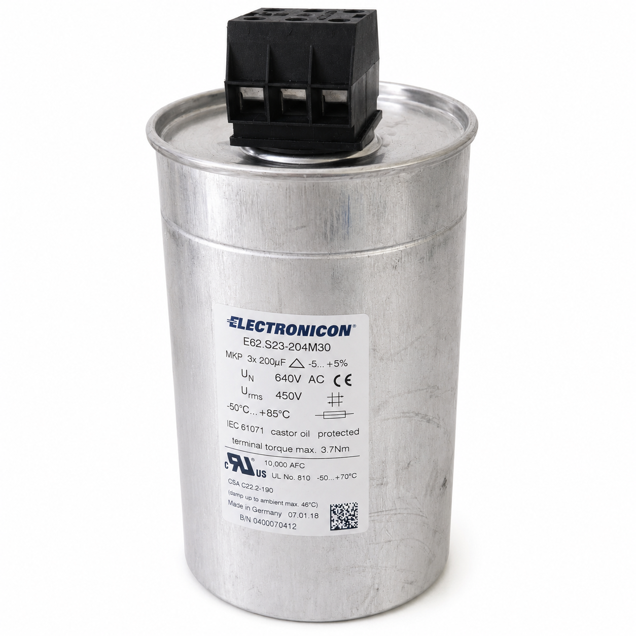ELECTRONICON E62.S23-204M30 MKP Power Capacitor - 3x200uF 640V AC - Front View