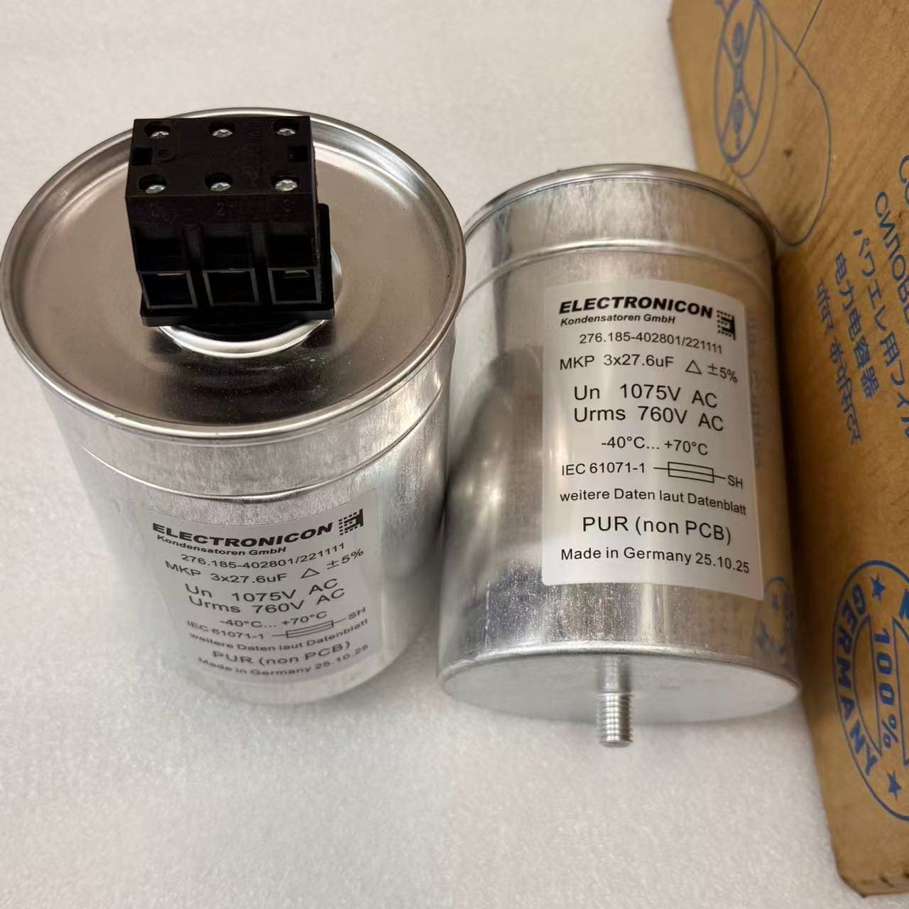 ELECTRONICON 276.185-402801 Power Capacitor - 3x27.6uF 1075V AC - Front and Top View
