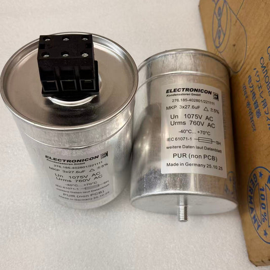 ELECTRONICON 276.185-402801 Power Capacitor - 3x27.6uF 1075V AC - Front and Top View