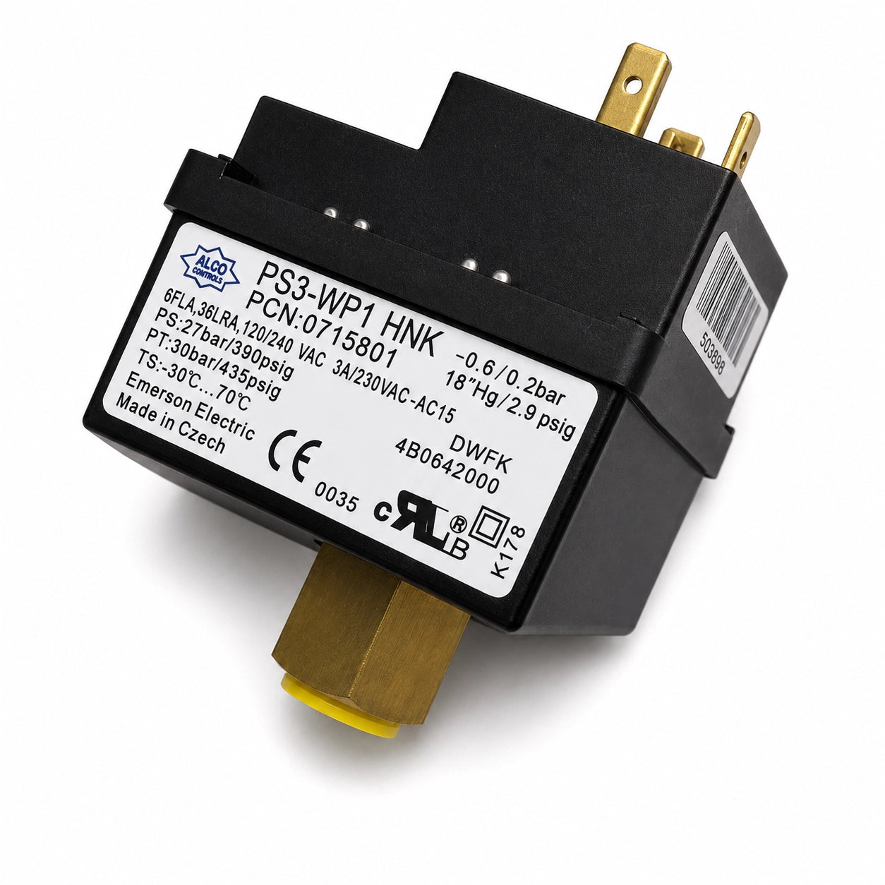Emerson ALCO PS3-WP1 HNK Pressure Control Switch, -0.6/0.2 bar Low Pressure, 0715801