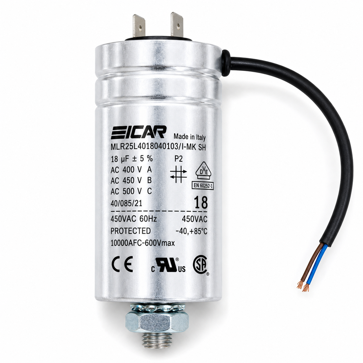 ICAR MLR25L4018040103 Motor Run Capacitor - 18 µF 400V AC - Product Image
