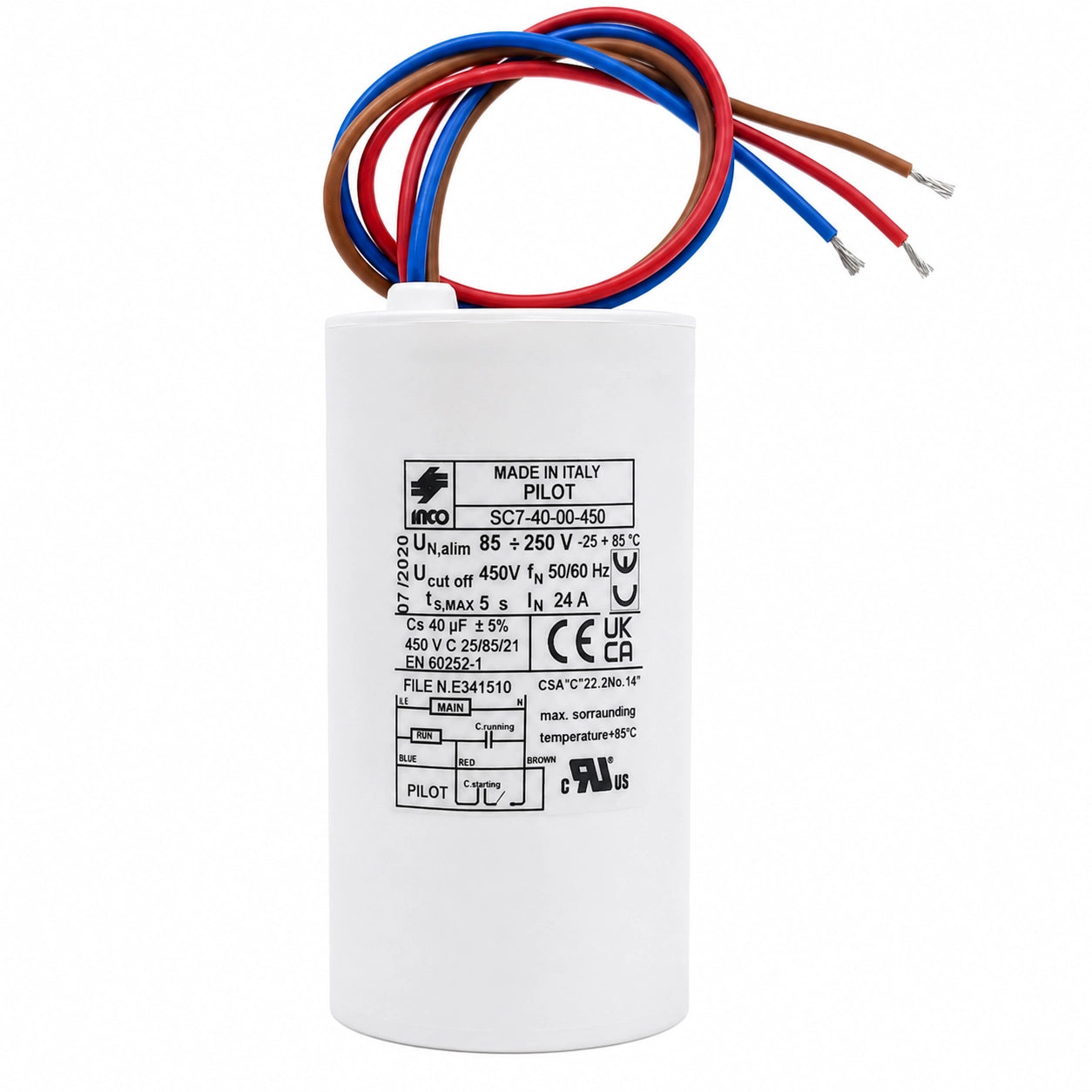 INCO SC7-40-00-450 3-Wire Starting Capacitor, 40 µF, 450 V Cut-Off