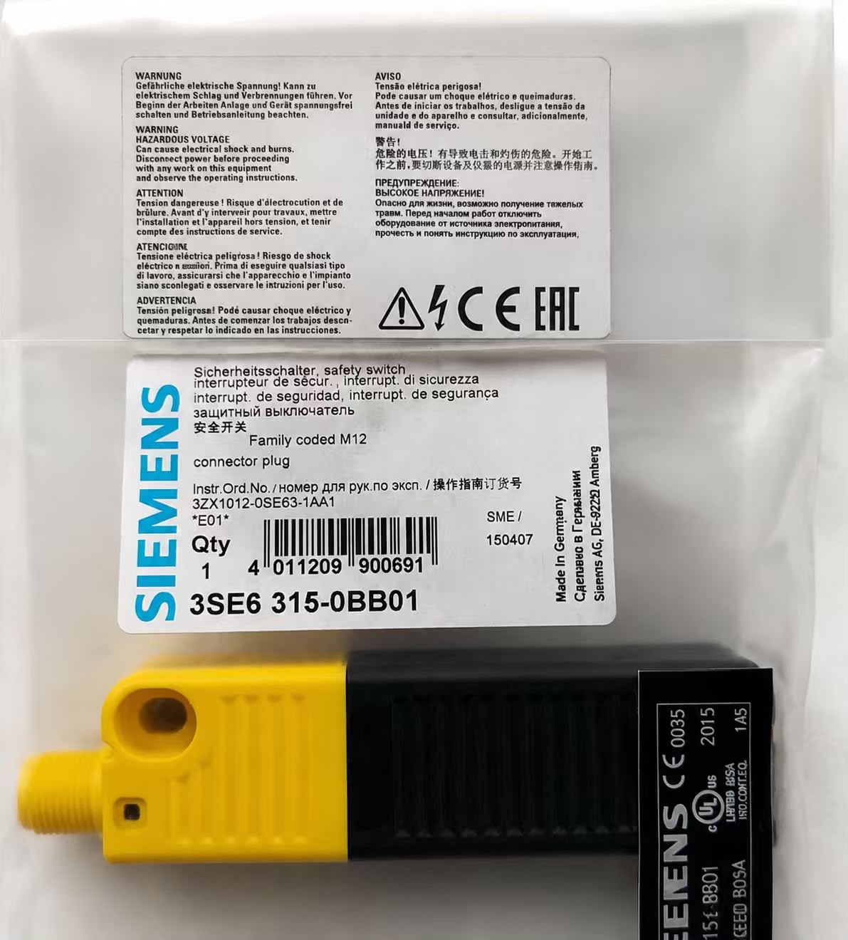 Siemens 3SE6315-0BB01 RFID Safety Switch, 24 V DC, M12 8-Pole