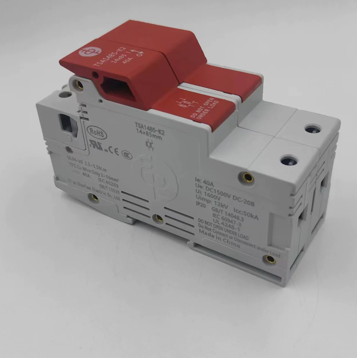 Sinofuse TSA1485-K2 Photovoltaic Fuse Holder - 1500VDC 40A - Isometric View