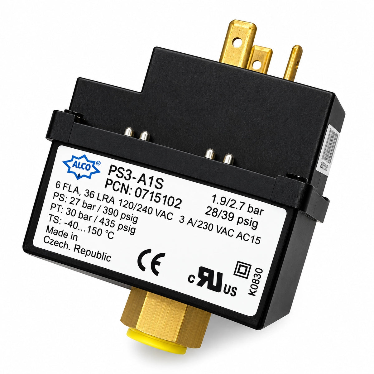 ALCO Controls PS3-A1S / 0715102 Pressure Switch, 1.9/2.7 bar, 3 A at 230 VAC AC-15