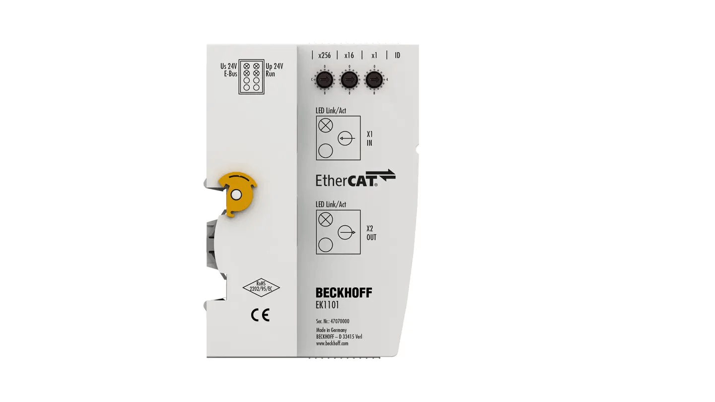 Beckhoff Ethernet Module Beckhoff EK1101 EtherCAT Coupler EtherCAT Coupler with ID Switch, 2x RJ45 100BASE-TX, 24V DC Supply, 44×100×68 mm
