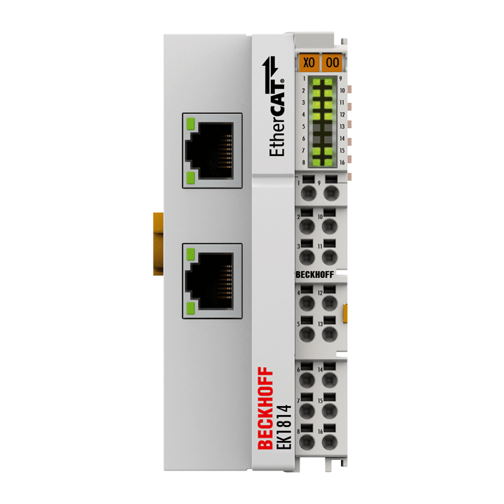 Beckhoff Ethernet Module Beckhoff EK1814 EtherCAT Coupler EtherCAT Coupler with Integrated I/O, 4 DI / 4 DO, 2x RJ45 100BASE‑TX, 44×100×67 mm