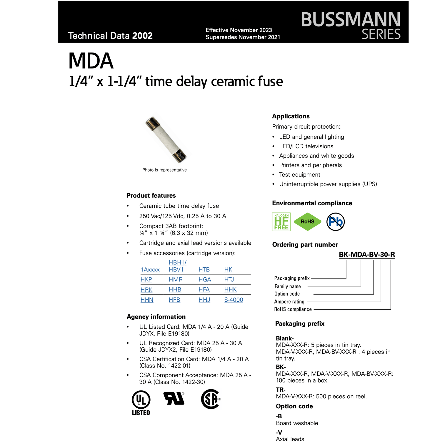 Bussmann Eaton Bussmann MDA-6-R Fuse, 6.3x32mm, 6A 250VAC/125VDC, Time-Delay Ceramic - Pack of 28