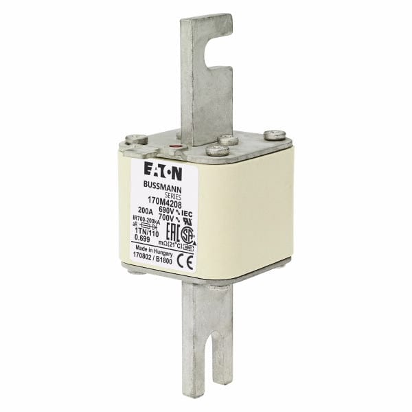 Bussmann General Industrial Fuses Eaton (Bussmann) 170M4208 High‑Speed Square‑Body Fuse — 200A, 690 VAC aR Semiconductor Protection, 200 kAIC, Class aR (DIN 43653) — Pack of 3
