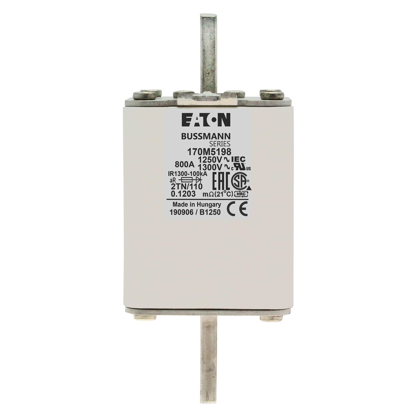 Bussmann General Industrial Fuses Eaton (Bussmann) 170M5198 High‑Speed Square‑Body Fuse — 800A, 1250 VAC aR Semiconductor Protection, 100 kAIC, Class aR (DIN 43653) — Pack of 3