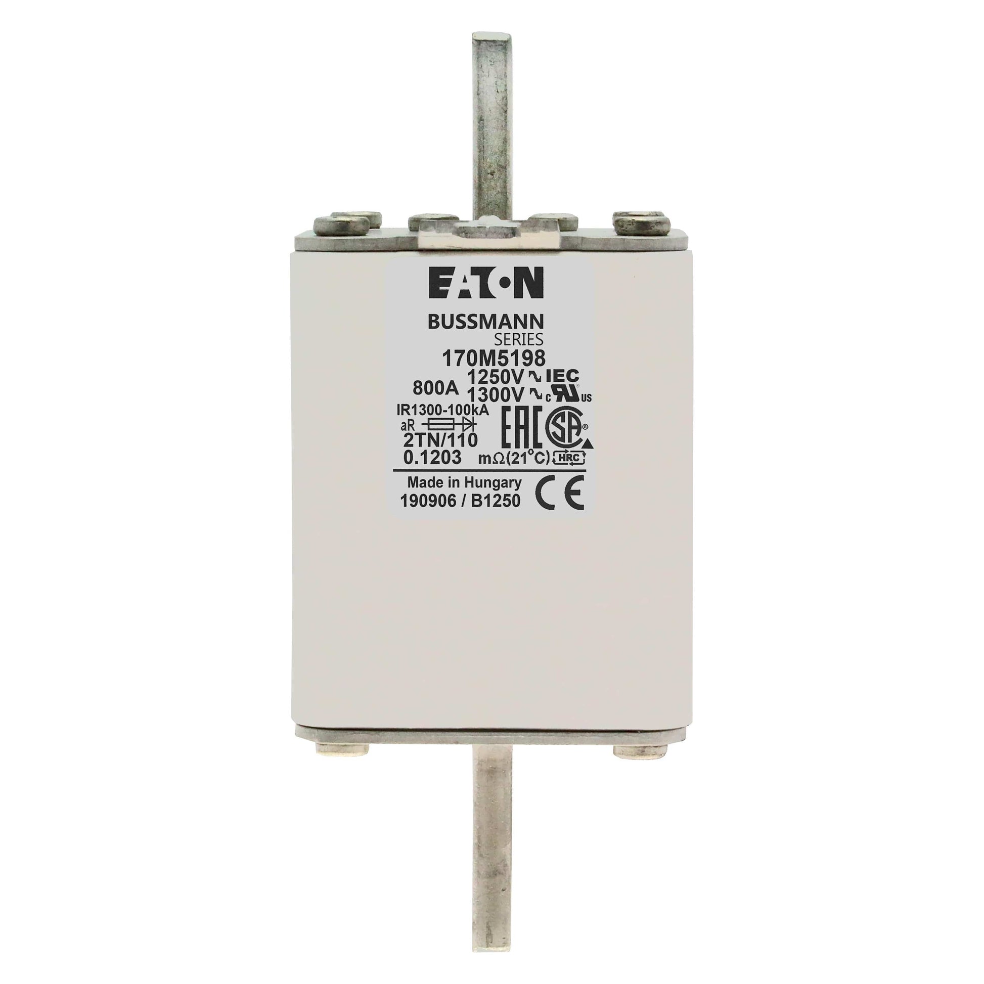 Bussmann General Industrial Fuses Eaton (Bussmann) 170M5198 High‑Speed Square‑Body Fuse — 800A, 1250 VAC aR Semiconductor Protection, 100 kAIC, Class aR (DIN 43653) — Pack of 3
