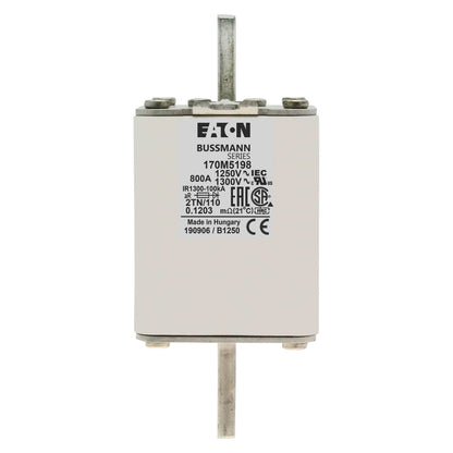 Bussmann General Industrial Fuses Eaton (Bussmann) 170M5198 High‑Speed Square‑Body Fuse — 800A, 1250 VAC aR Semiconductor Protection, 100 kAIC, Class aR (DIN 43653) — Pack of 3