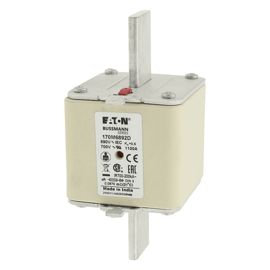Bussmann General Industrial Fuses Eaton Bussmann 170M6892D High Speed Fuse, 1100A 690V AC, Size 3 Square Body, DIN 43620 Dual Indicator - Pack of 6