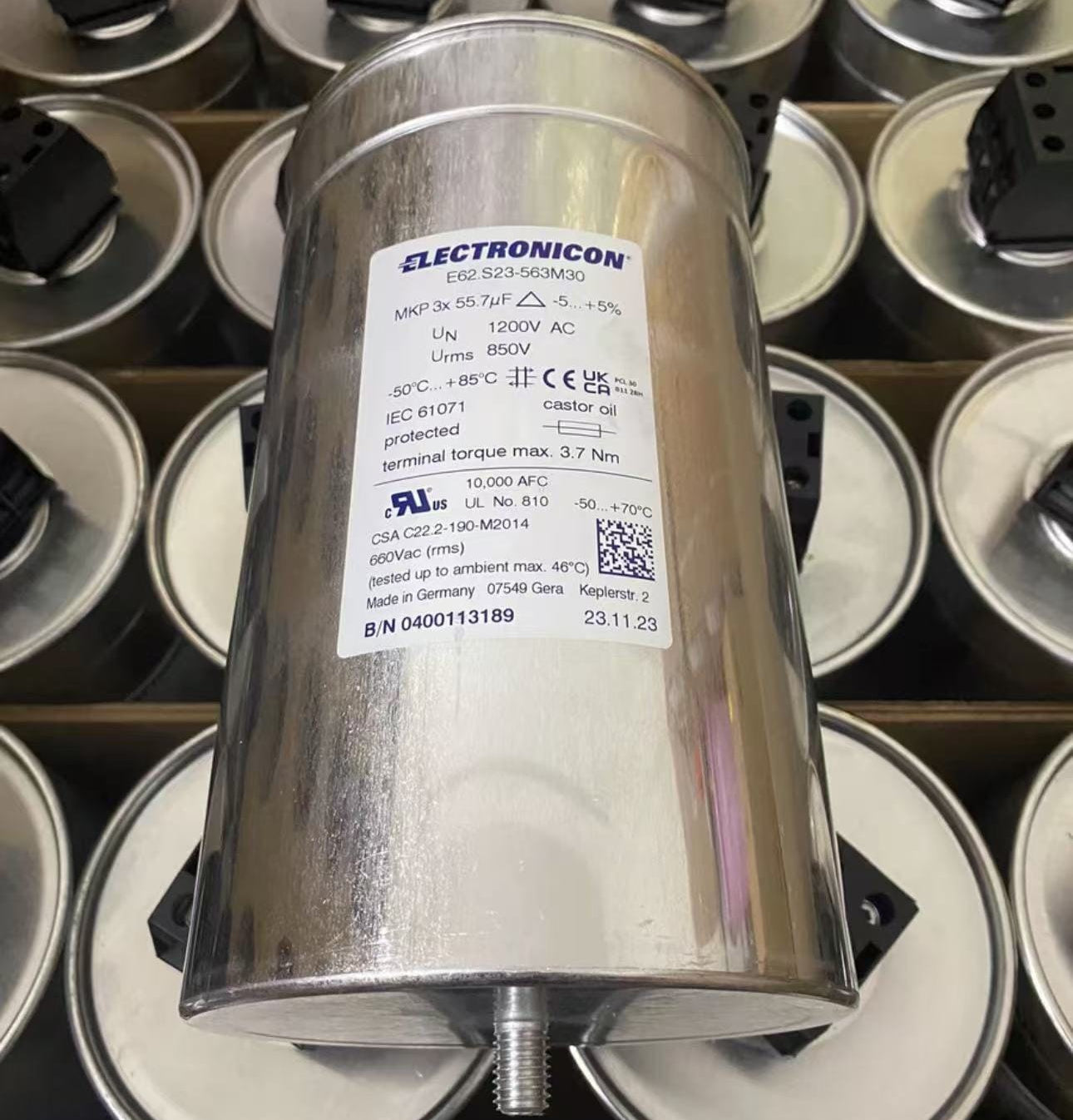 Electronicon E62.S23-563M30 MKP AC capacitor 3x55.7µF 1200V - Front View