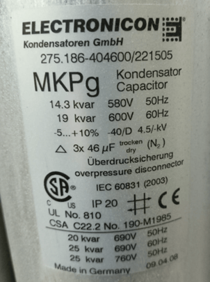 ELECTRONICON ELECTRONICON 275.186-404600/221505 MKPg Dry AC Capacitor, 46 µF, 580 V 50 Hz / 600 V 60 Hz, ±5/+10%
