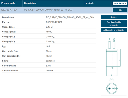 ELECTRONICON ELECTRONICON E62.F62-471B21 Power Electronic Capacitor, 0.47 µF, 3200 VDC, 2100 VAC, 16A, 45x62mm