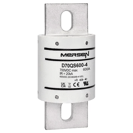 Ferraz Shawmut General Industrial Fuses Mersen D70QS600-4 D70QS Series High-Speed DC Fuse, 700VDC, 600A aR 20kA IR, 4.47in Round Body