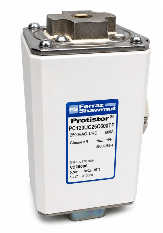 Ferraz Shawmut PC123UC25C600TF Protistor Fuse - 600A 2500V AC - Label Close-up