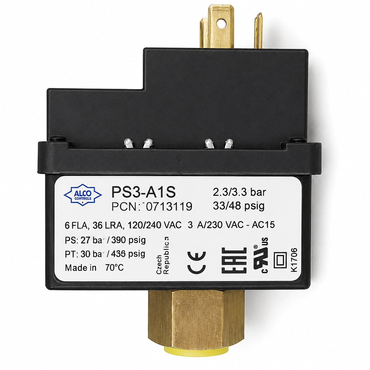 Emerson ALCO PS3-A1S Pressure Control Switch - 2.3/3.3 bar Low Pressure - Front View