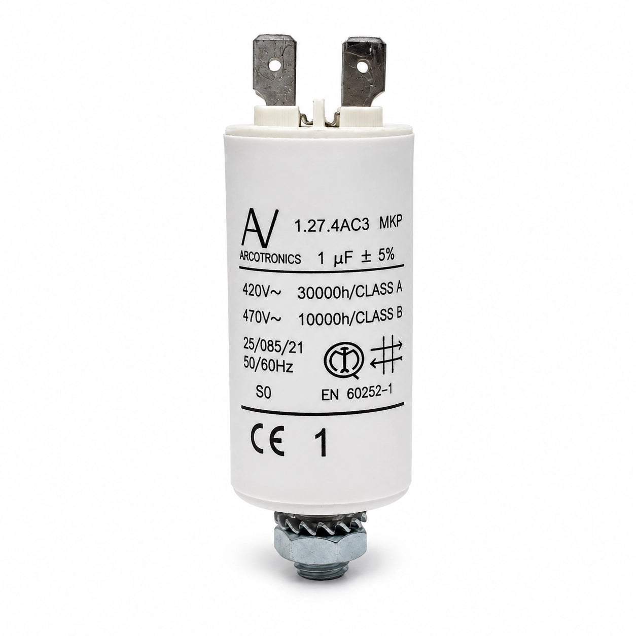 ARCOTRONICS 1.27.4AC3 MKP AC Capacitor - 1 uF ±5% - Front View
