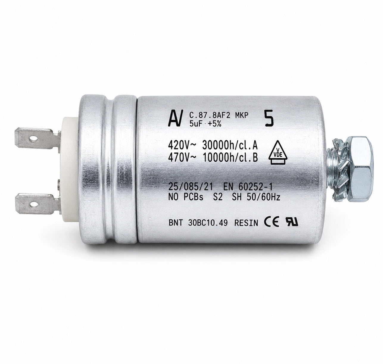 AV Arcotronics C.87.8AF2 MKP AC Capacitor - 5uF ±5% - Label Close-up