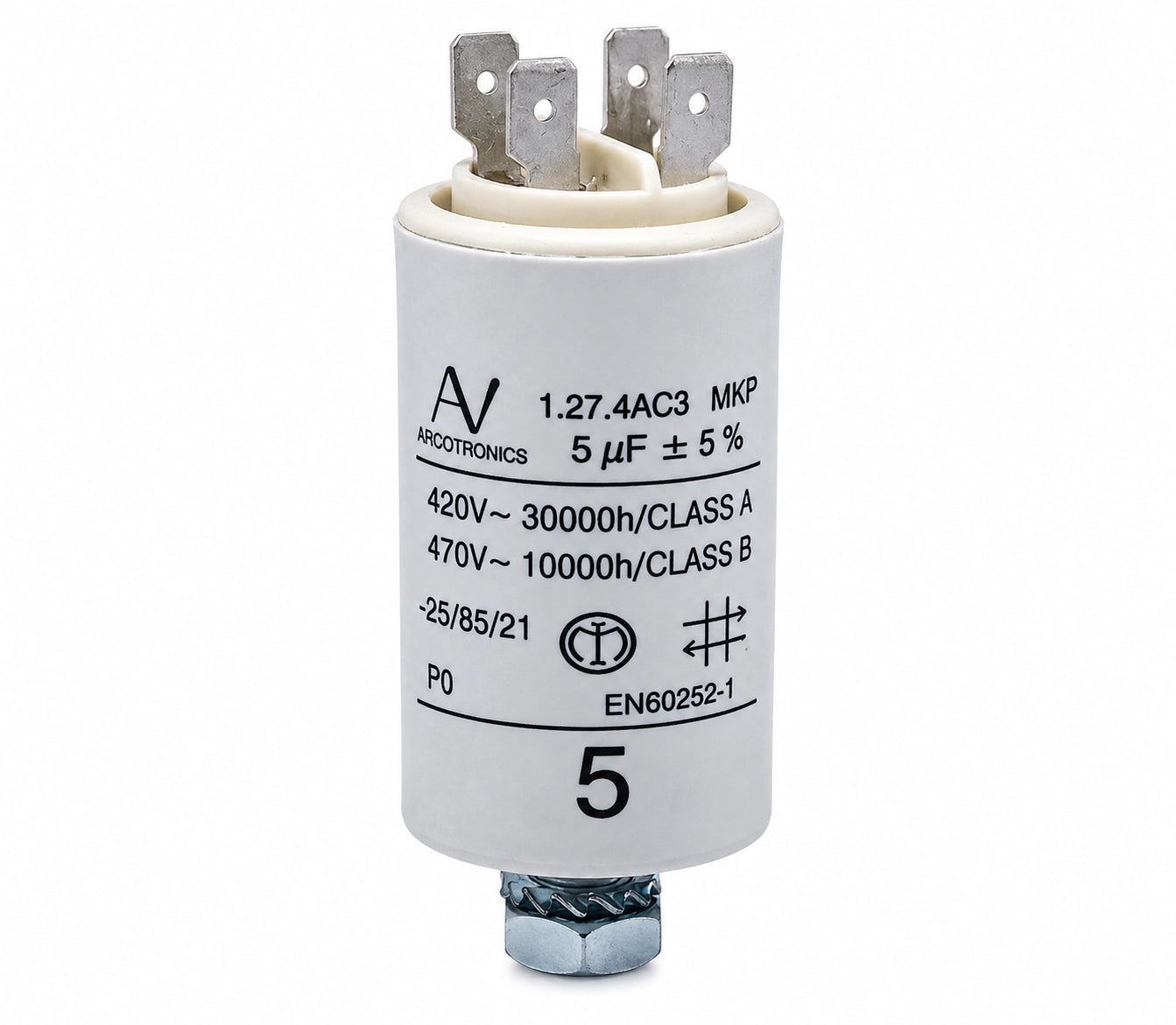 ARCOTRONICS 1.27.4AC3 MKP AC Capacitor - 5 uF ±5% - Front View