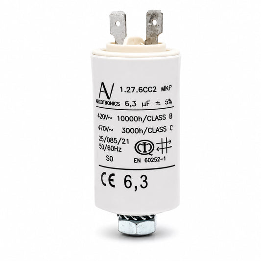 Arcotronics 1.27.6CC2 MKP Motor Capacitor - 6.3 µF 420V AC - Front View