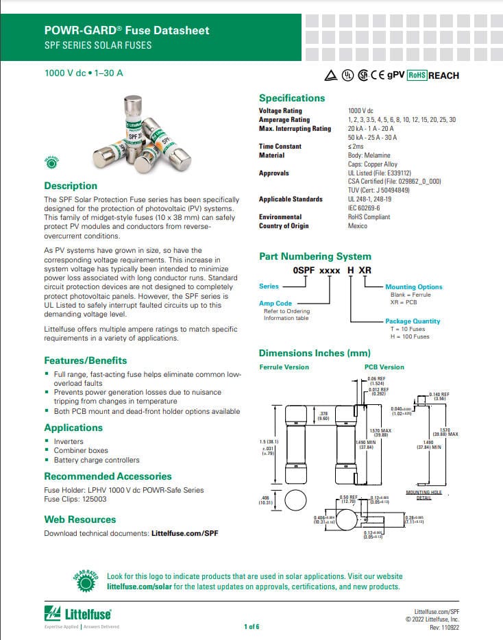 LittelFuse SPF008 10pcs LittelFuse SPF008 8A 1000VDC Fuses