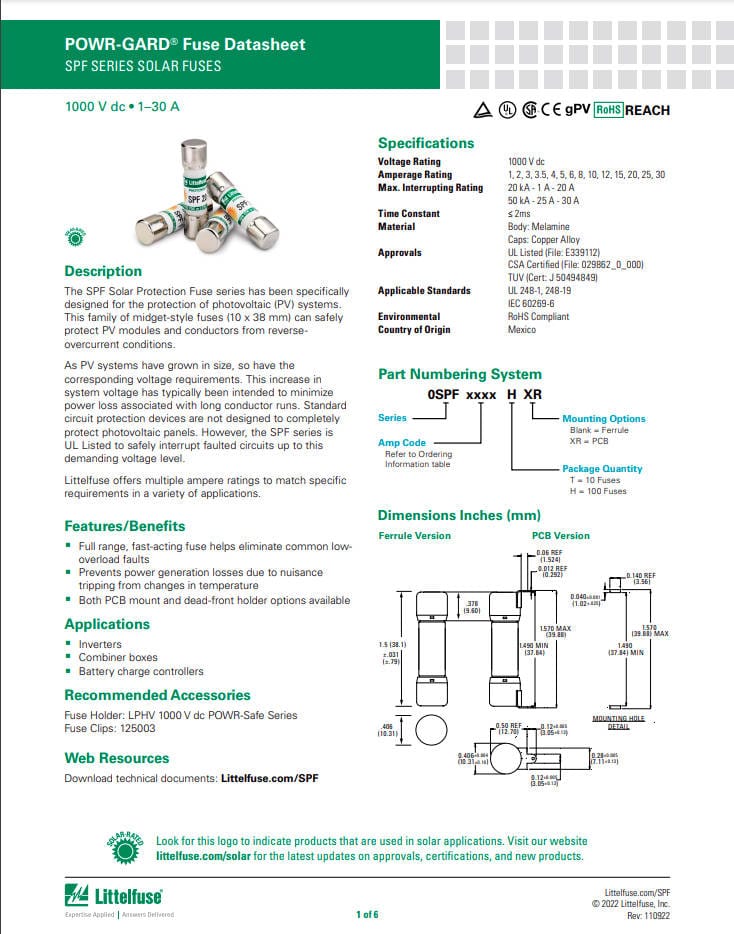 LittelFuse SPF010 10pcs LittelFuse SPF010 10A 1000VDC Fuses