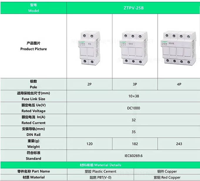 LKET LKET ZTPV-25B DC1000V 10*38MM Fuse Holder