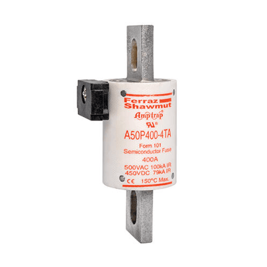 Mersen Industrial Fuses Mersen Amp‑Trap A50P A50P400‑4TA Fuse, 400A 500VAC / 450VDC, High‑Speed Blade (Form 101) with TA Indicator, Tin‑Plated Blade, Bolted Mount - Pack of 5