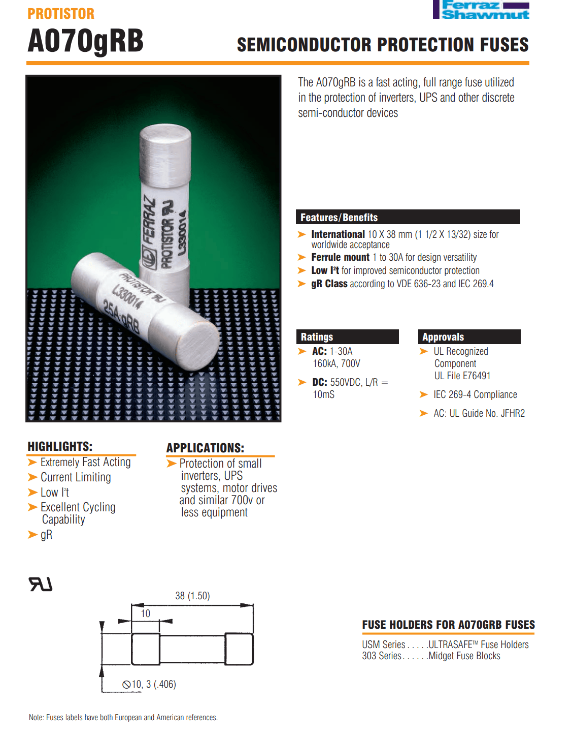 Mersen Mersen A070GRB Series Fuses - 8A to 20A Low-Voltage Industrial Fuse Selection F330009, H330011, J330012, K330013