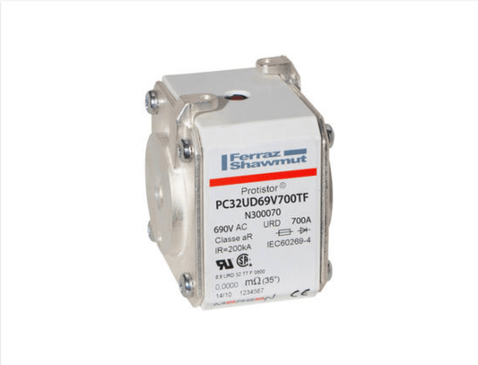No image provided. If an image is available, for a front view the alt text would be: Mersen PC32UD69V700TF High-Speed Square Body Fuse 700A 690V - Front View
