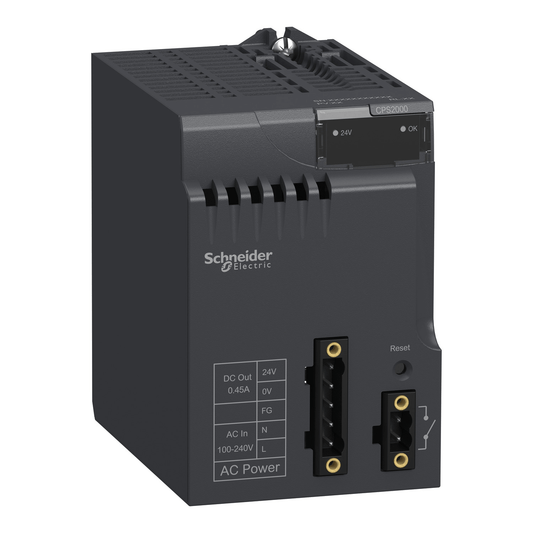 Schneider Digital I/O Modules Schneider Electric BMXCPS2000 Modicon X80 Power Supply Module — 100–240VAC Input, 24V DC Output (16.8W I/O + 10.8W Sensor), 3.3V Logic 8.3W, IP20